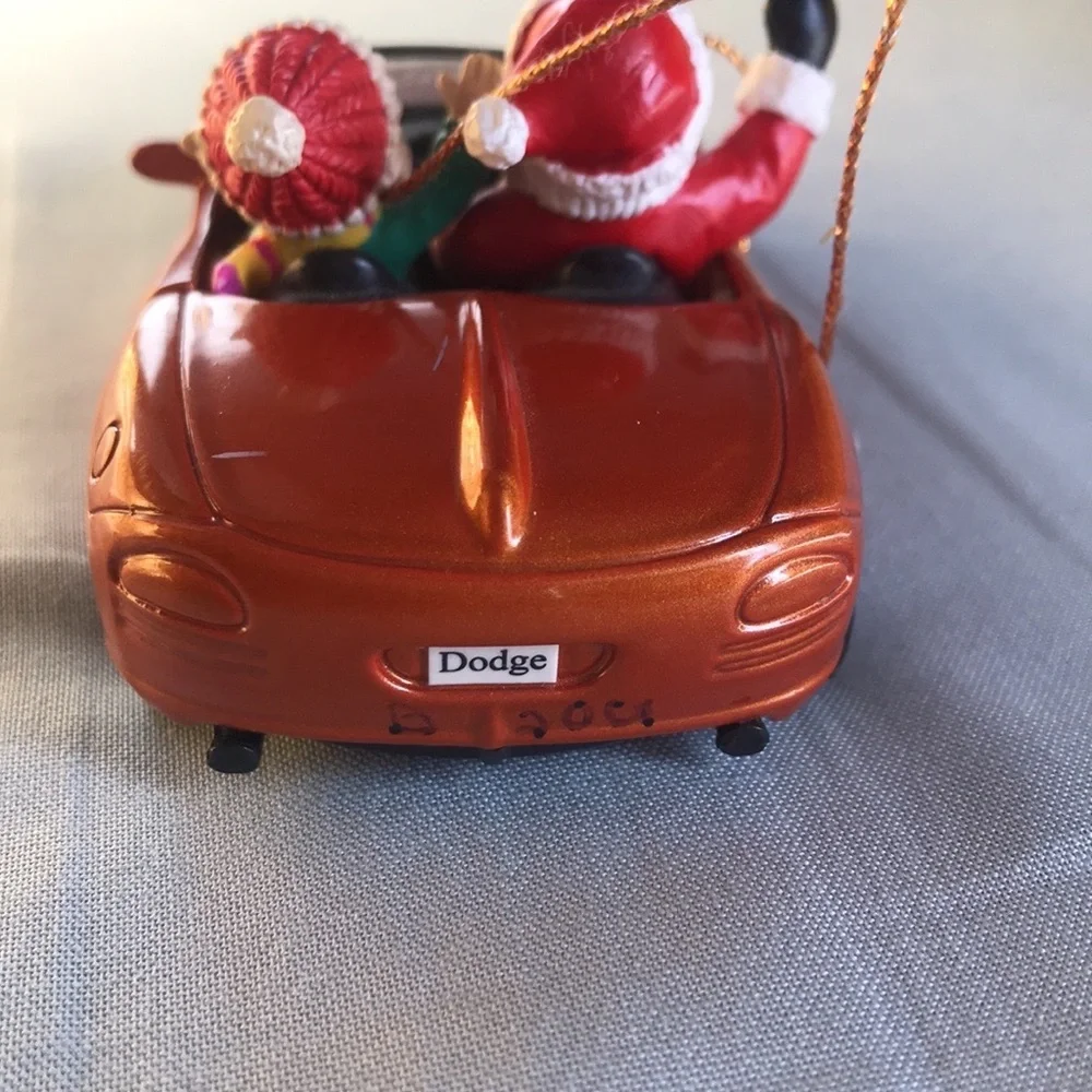 Vintage Maisto Dodge Orange convertible car Santa Claus & Elf Christmas ornament